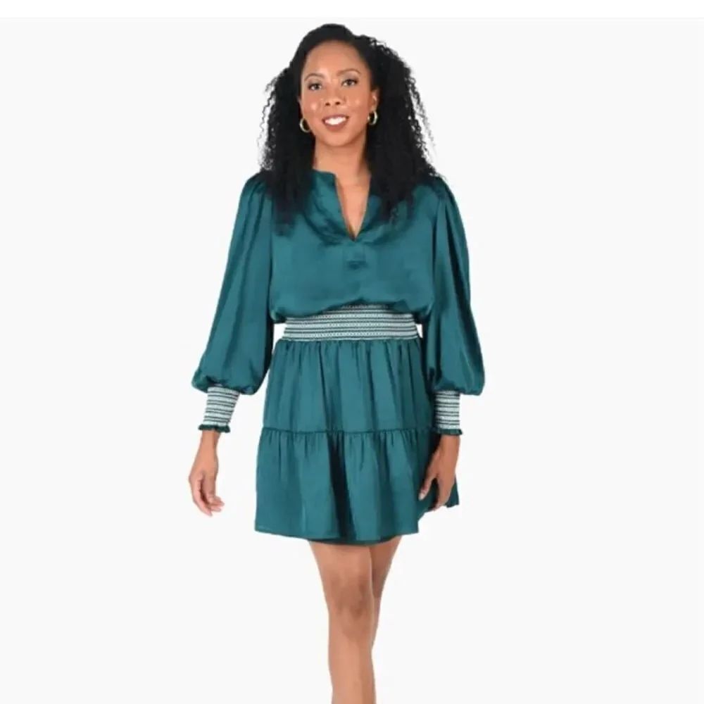 Emily McCarthy Penelope Dress Green- Smocked Waist & Cuffs NEW